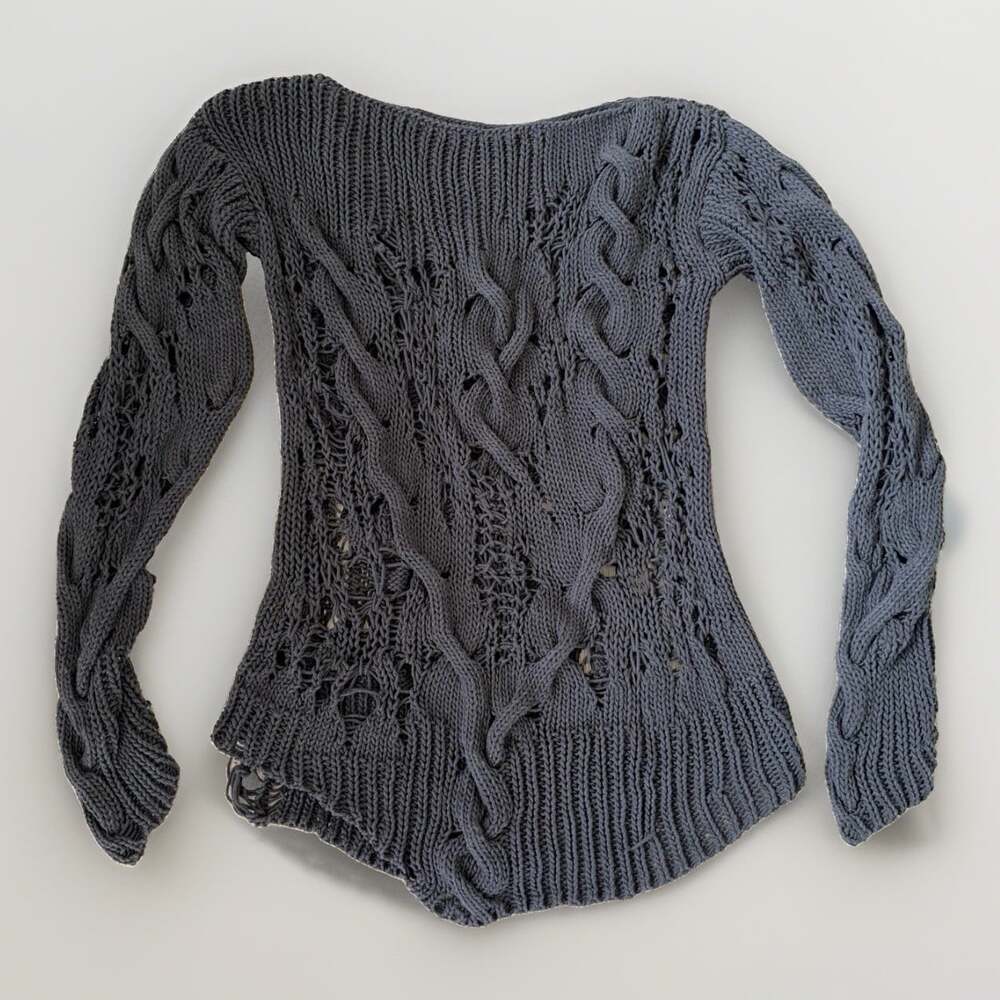 Hand knit unique gothic grunge distressed asymmetrical sweater boat neck black M